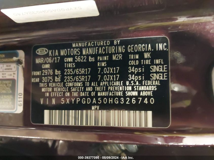 2017 Kia Sorento 3.3L Lx VIN: 5XYPGDA50HG326740 Lot: 39377095