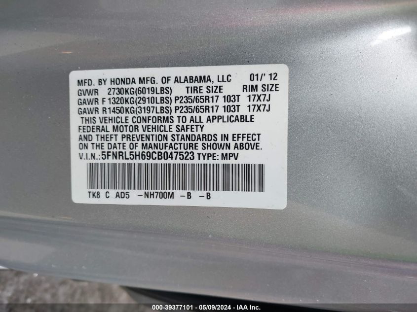 2012 Honda Odyssey Ex-L VIN: 5FNRL5H69CB047523 Lot: 39377101