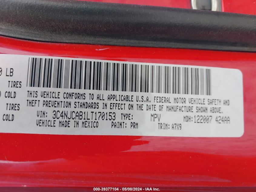2020 Jeep Compass Sport Fwd VIN: 3C4NJCAB1LT170153 Lot: 39377104