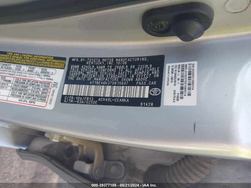 2007 Toyota Camry Le VIN: 4T1BE46K37U615697 Lot: 39377105