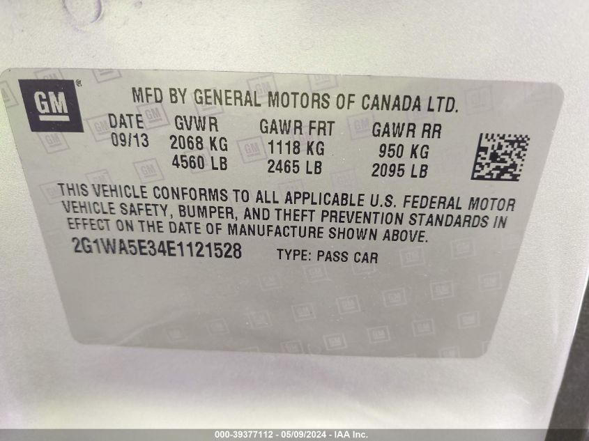 2014 Chevrolet Impala Limited Ls VIN: 2G1WA5E34E1121528 Lot: 39377112