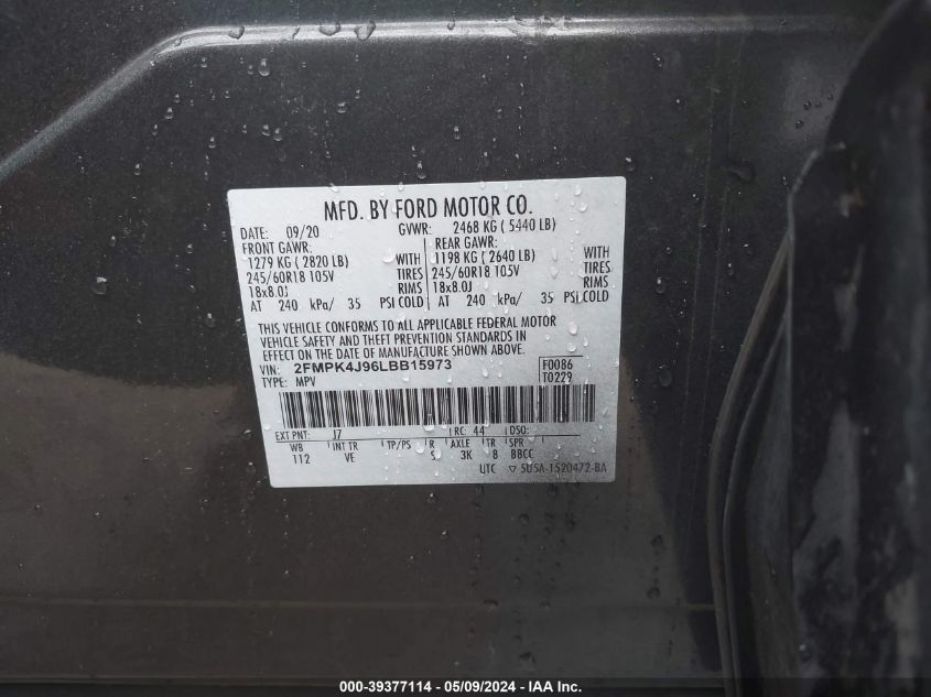 2020 Ford Edge Sel VIN: 2FMPK4J96LBB15973 Lot: 39377114