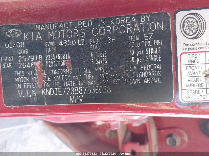 2008 Kia Sportage Ex V6 VIN: KNDJE723887536638 Lot: 39377123