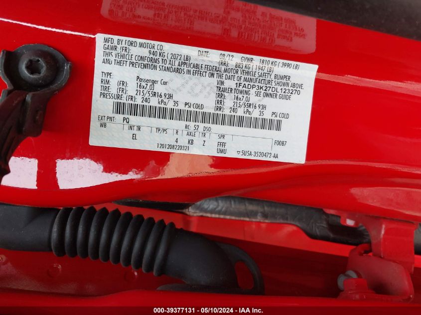 2013 Ford Focus Se VIN: 1FADP3K27DL123270 Lot: 39377131