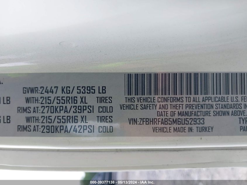 2021 Ram Promaster City Tradesman VIN: ZFBHRFAB5M6U52933 Lot: 39377138