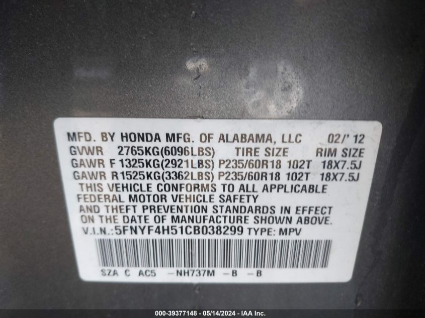 2012 Honda Pilot Ex-L VIN: 5FNYF4H51CB038299 Lot: 39377148