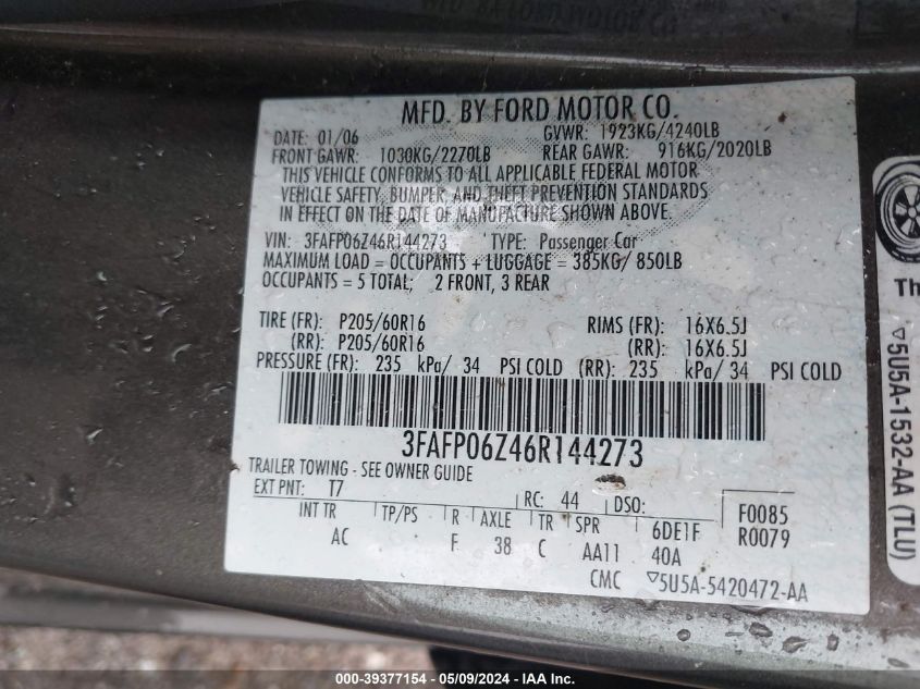2006 Ford Fusion S VIN: 3FAFP06Z46R144273 Lot: 39377154