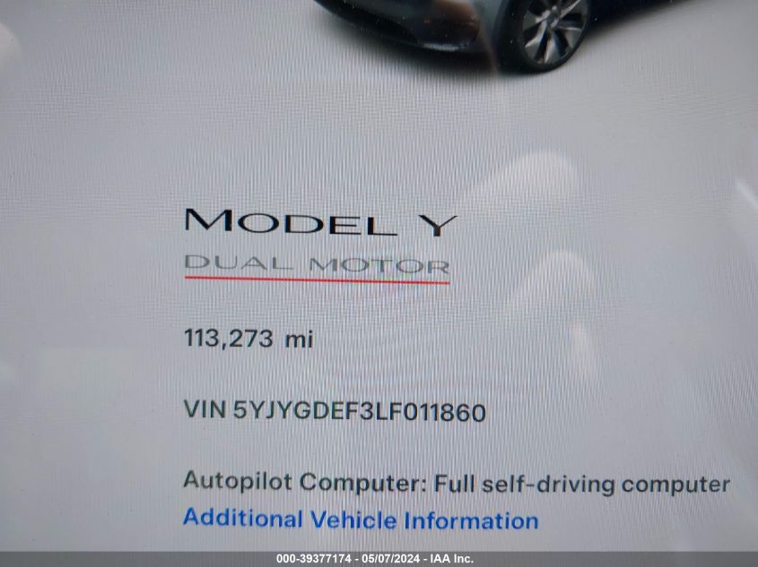 2020 Tesla Model Y Long Range Dual Motor All-Wheel Drive/Performance Dual Motor All-Wheel Drive VIN: 5YJYGDEF3LF011860 Lot: 39377174