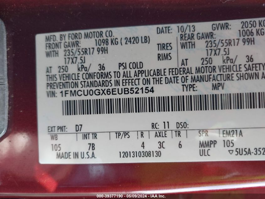 2014 Ford Escape Se VIN: 1FMCU0GX6EUB52154 Lot: 39377190