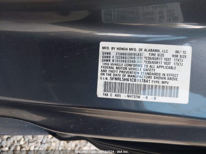 2012 Honda Odyssey Ex-L VIN: 5FNRL5H61CB117841 Lot: 39377200