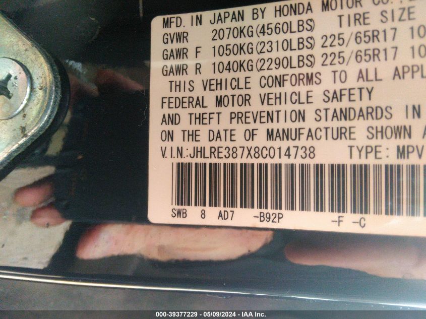 2008 Honda Cr-V Ex-L VIN: JHLRE387X8C014738 Lot: 39377229