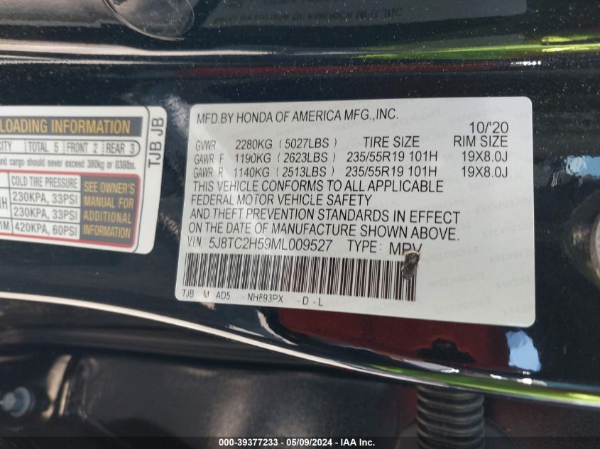 2021 Acura Rdx Technology Package VIN: 5J8TC2H59ML009527 Lot: 39377233