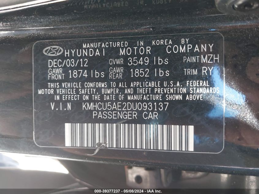 2013 Hyundai Accent Se VIN: KMHCU5AE2DU093137 Lot: 39377237