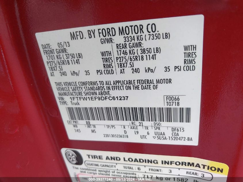 2013 Ford F-150 Xlt VIN: 1FTFW1EF9DFC61237 Lot: 39377240