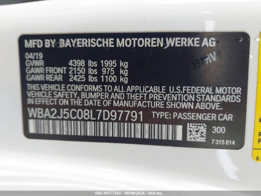 2020 BMW M240I VIN: WBA2J5C08L7D97791 Lot: 39377242