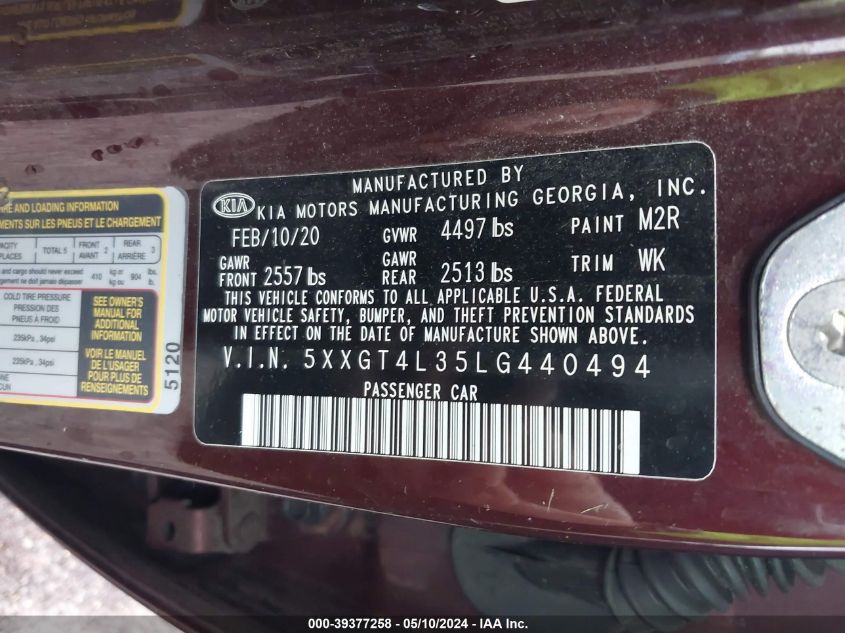 2020 Kia Optima Lx VIN: 5XXGT4L35LG440494 Lot: 39377258