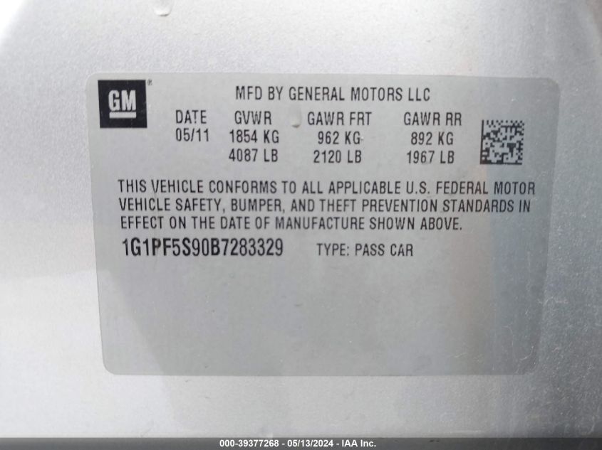 2011 Chevrolet Cruze 1Lt VIN: 1G1PF5S90B7283329 Lot: 39377268