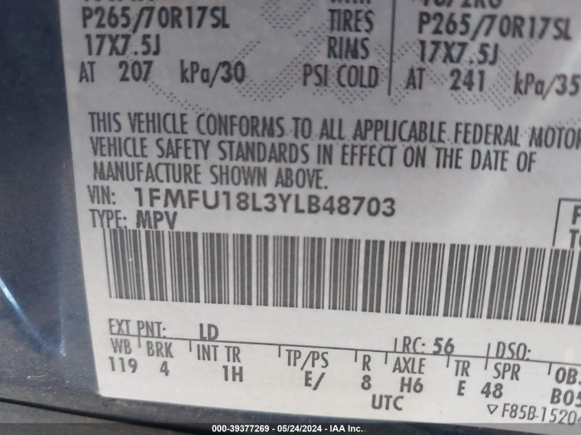 2000 Ford Expedition Eddie Bauer VIN: 1FMFU18L3YLB48703 Lot: 39377269