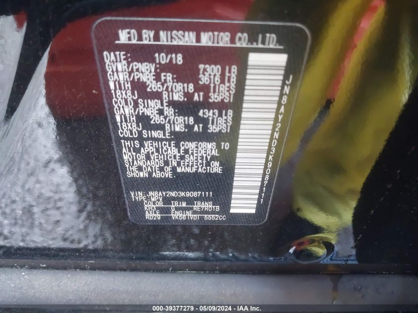 2019 Nissan Armada Sv VIN: JN8AY2ND3K9087111 Lot: 39377279