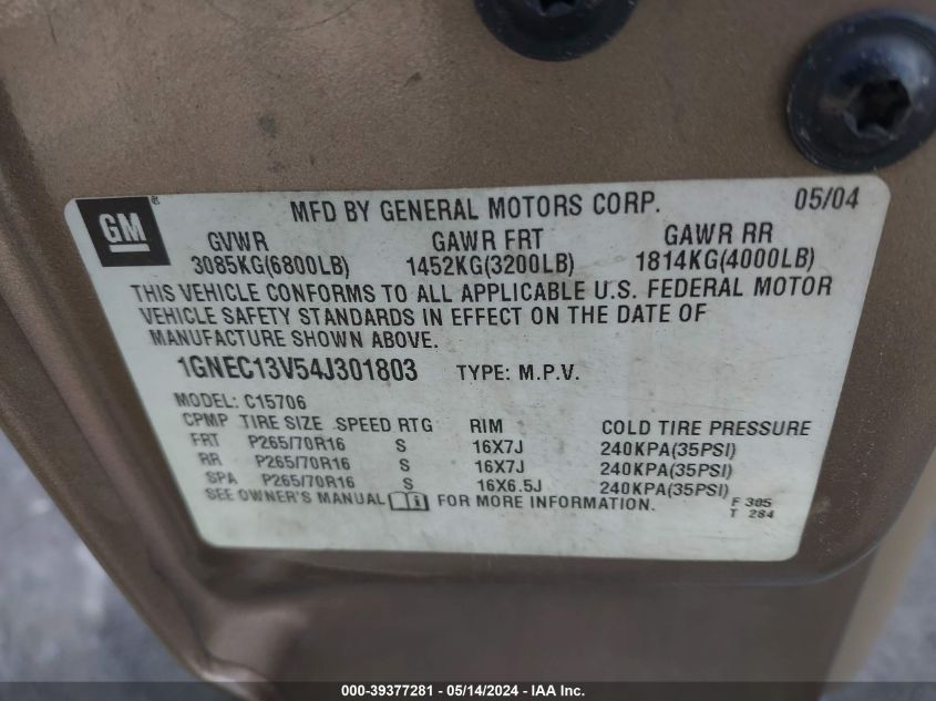 2004 Chevrolet Tahoe Ls VIN: 1GNEC13V54J301803 Lot: 39377281