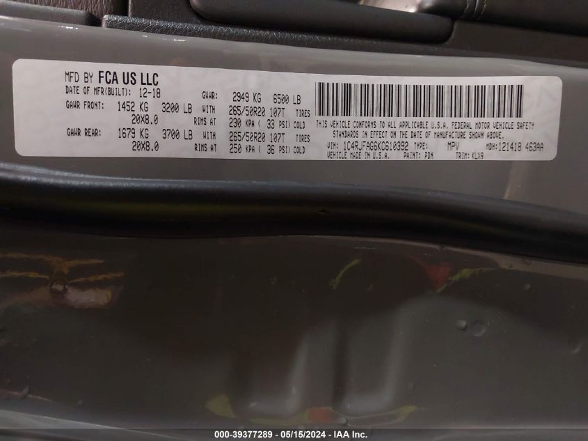 2019 Jeep Grand Cherokee Altitude 4X4 VIN: 1C4RJFAG6KC610392 Lot: 39377289