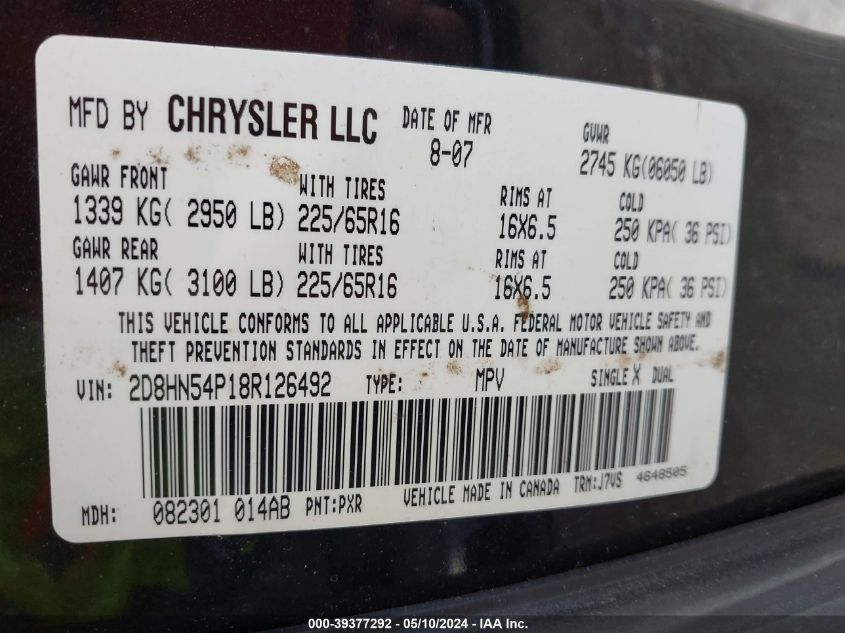 2008 Dodge Grand Caravan Sxt VIN: 2D8HN54P18R126492 Lot: 39377292