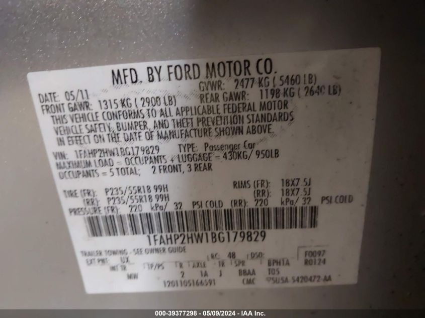 2011 Ford Taurus Sel VIN: 1FAHP2HW1BG179829 Lot: 39377298