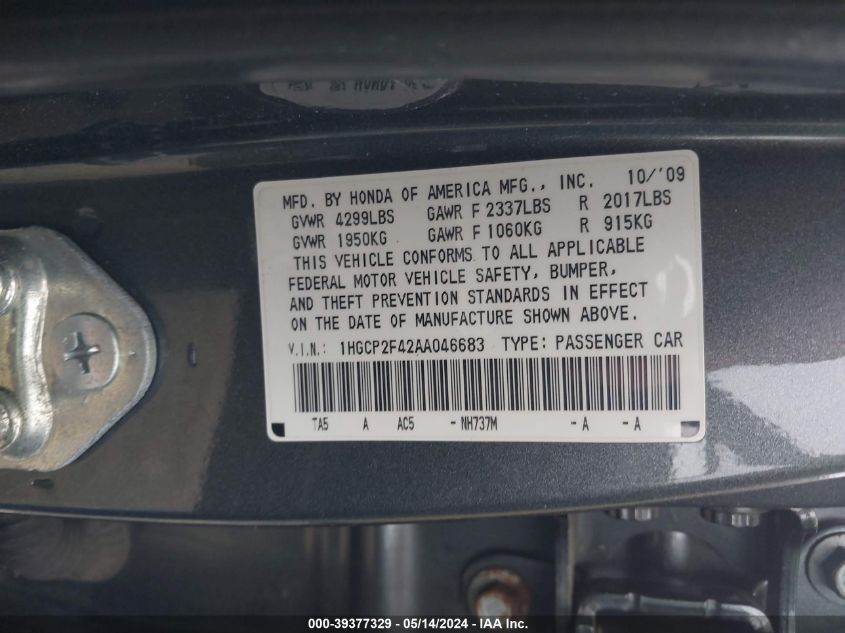 2010 Honda Accord 2.4 Lx-P VIN: 1HGCP2F42AA046683 Lot: 39377329