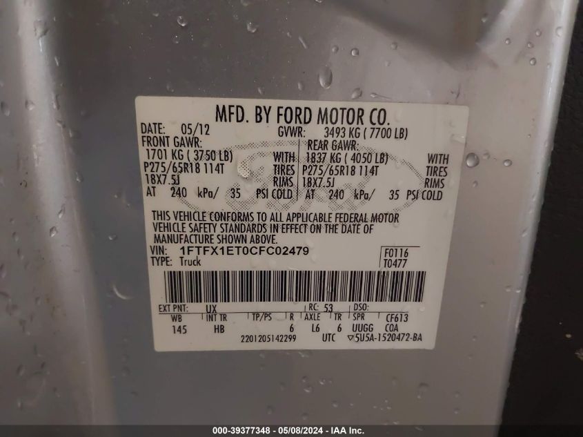 2012 Ford F-150 Lariat VIN: 1FTFX1ET0CFC02479 Lot: 39377348