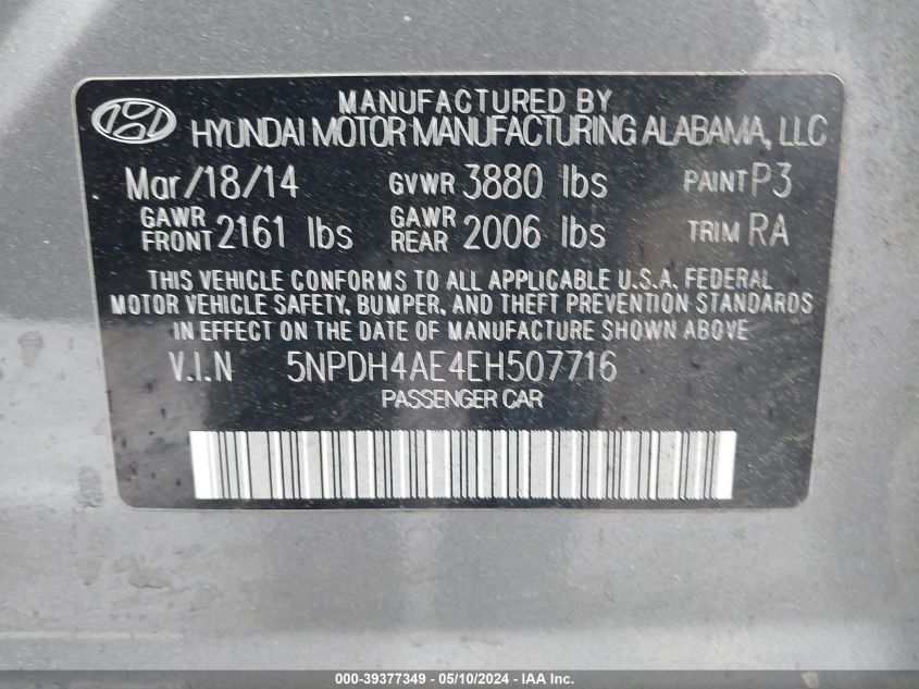 2014 Hyundai Elantra Se VIN: 5NPDH4AE4EH507716 Lot: 39377349