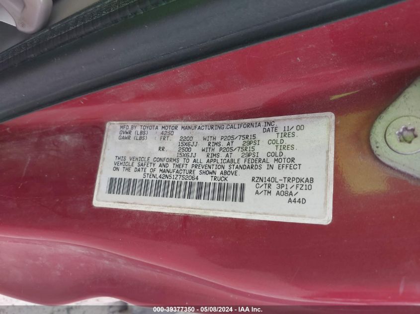 2001 Toyota Tacoma VIN: 5TENL42N51Z752064 Lot: 39377350