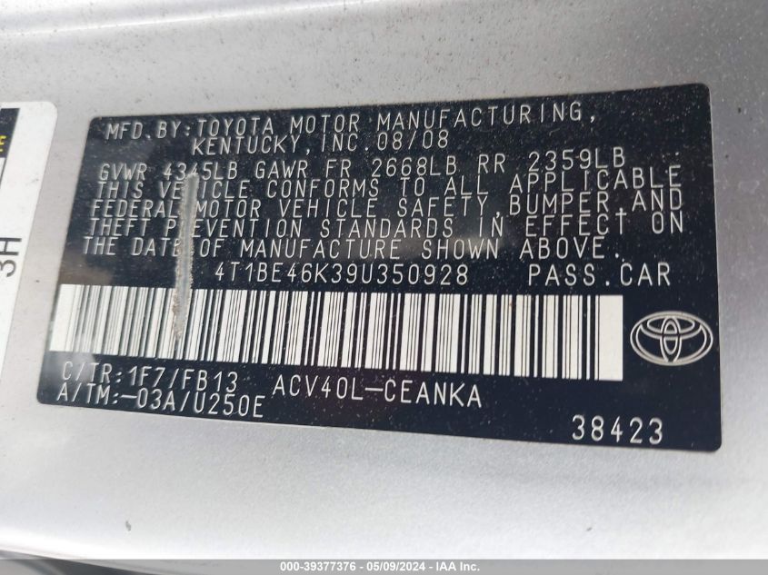 2009 Toyota Camry VIN: 4T1BE46K39U350928 Lot: 39377376