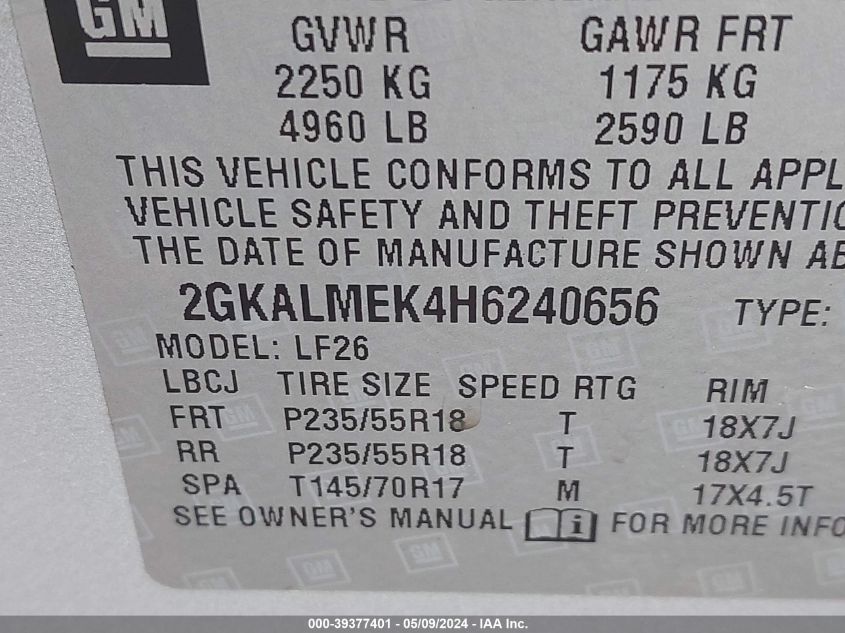 2017 GMC Terrain Sle-1 VIN: 2GKALMEK4H6240656 Lot: 39377401