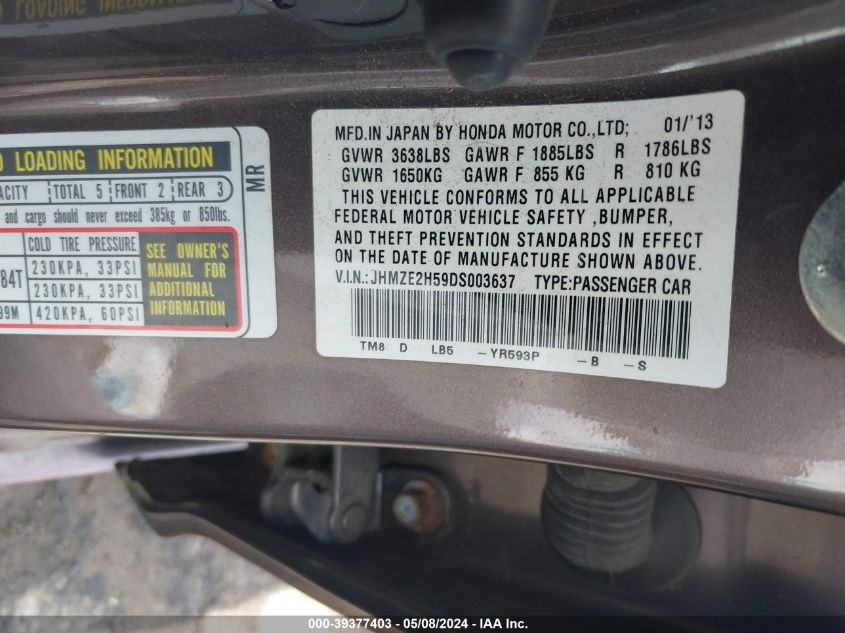 2013 Honda Insight Lx VIN: JHMZE2H59DS003637 Lot: 39377403