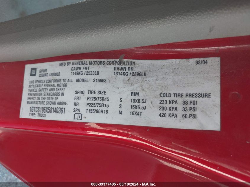 2005 GMC Canyon Sl VIN: 1GTCS196X58140361 Lot: 39377405