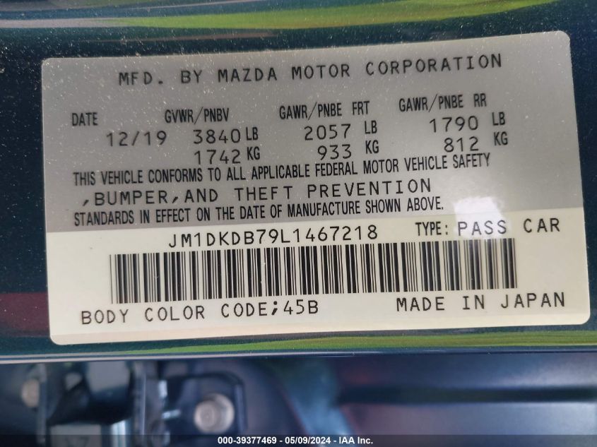 2020 Mazda Cx-3 Sport VIN: JM1DKDB79L1467218 Lot: 39377469