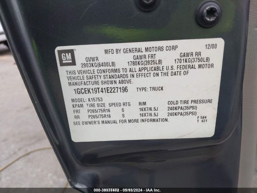 2001 Chevrolet Silverado 1500 Ls VIN: 1GCEK19T41E227196 Lot: 39377472