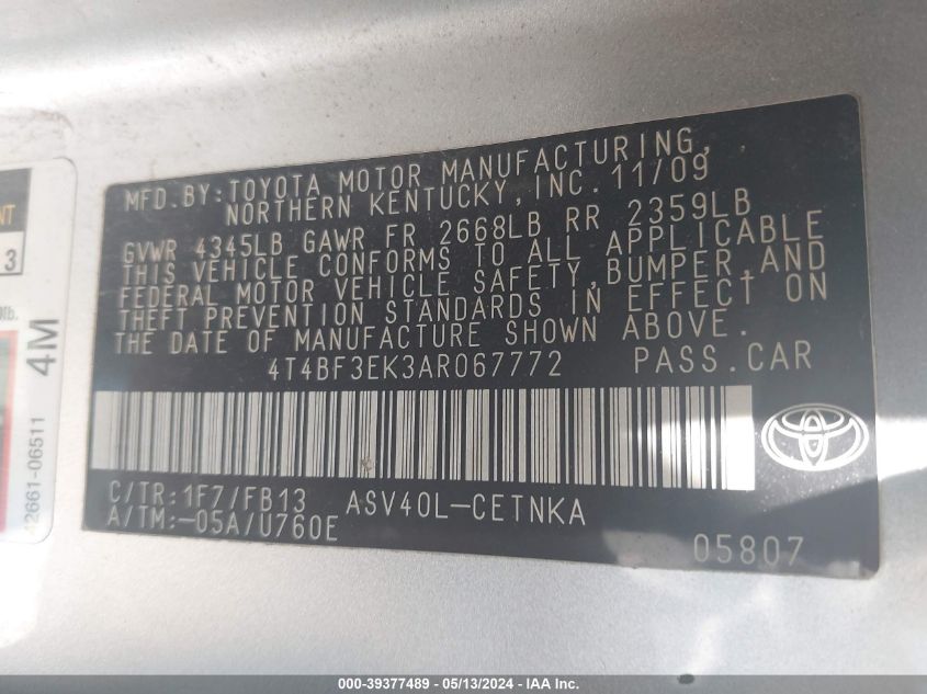 2010 Toyota Camry Le VIN: 4T4BF3EK3AR067772 Lot: 39377489