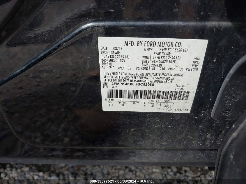 2017 Ford Edge Titanium VIN: 2FMPK4K86HBC52988 Lot: 39377521