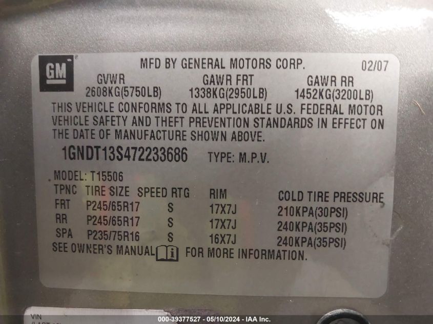 2007 Chevrolet Trailblazer Lt VIN: 1GNDT13S472233686 Lot: 39377527