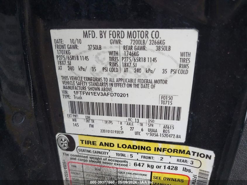 2010 Ford F-150 Fx4/Harley-Davidson/King Ranch/Lariat/Platinum/Xl/Xlt VIN: 1FTFW1EV3AFD70201 Lot: 39377560