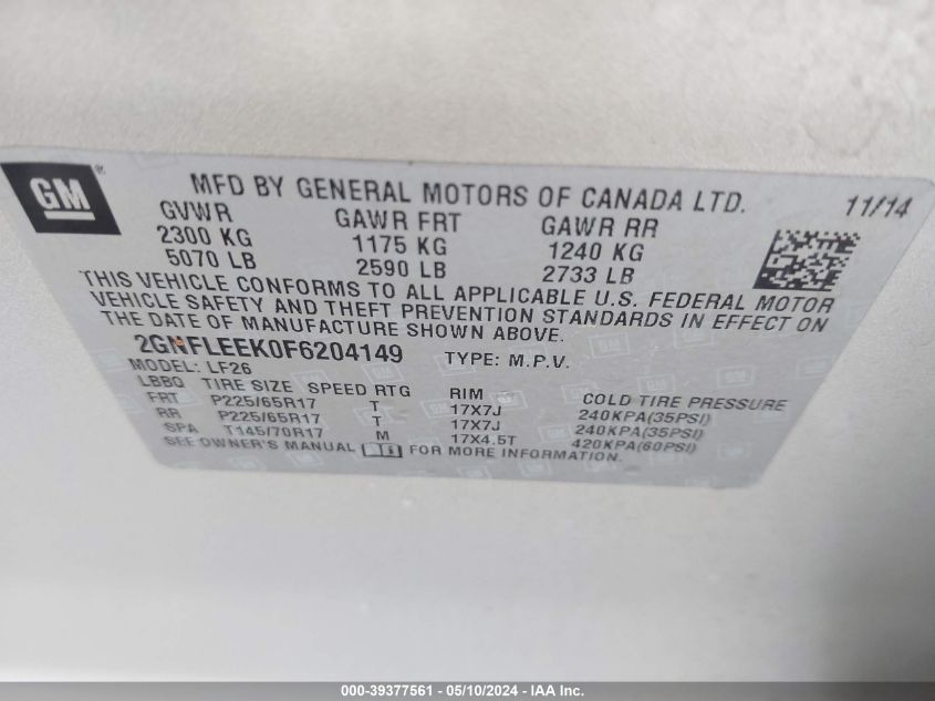 2015 Chevrolet Equinox Ls VIN: 2GNFLEEK0F6204149 Lot: 39377561