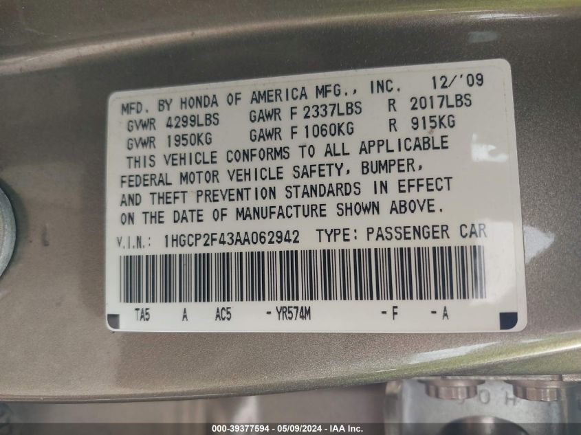 2010 Honda Accord 2.4 Lx-P VIN: 1HGCP2F43AA062942 Lot: 39377594