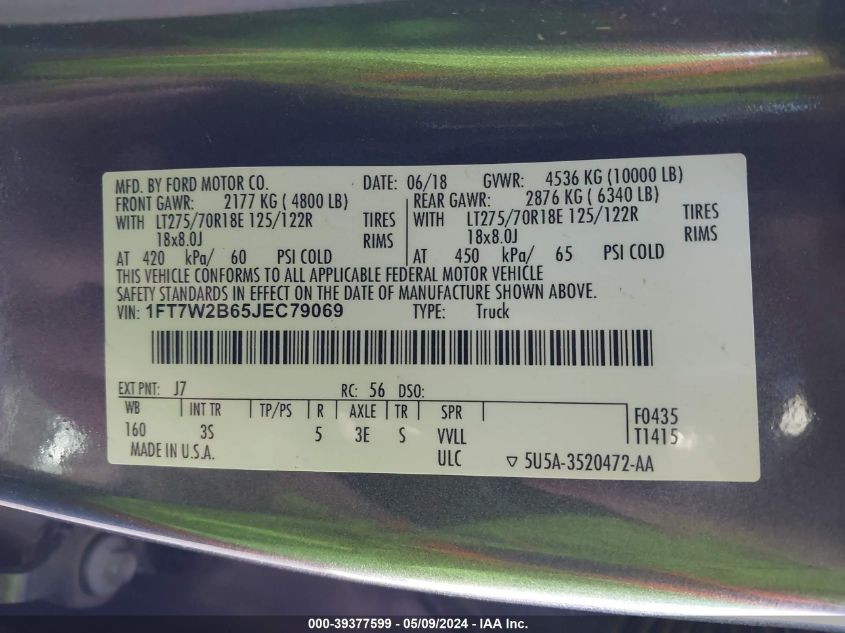 2018 Ford F-250 Xlt VIN: 1FT7W2B65JEC79069 Lot: 39377599