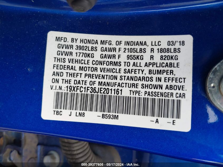 2018 Honda Civic Ex-T VIN: 19XFC1F36JE201161 Lot: 39377605