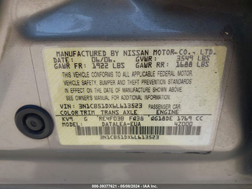 2006 Nissan Sentra 1.8S VIN: 3N1CB51DX6L613523 Lot: 39377621