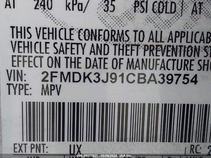 2012 Ford Edge Sel VIN: 2FMDK3J91CBA39754 Lot: 39377627