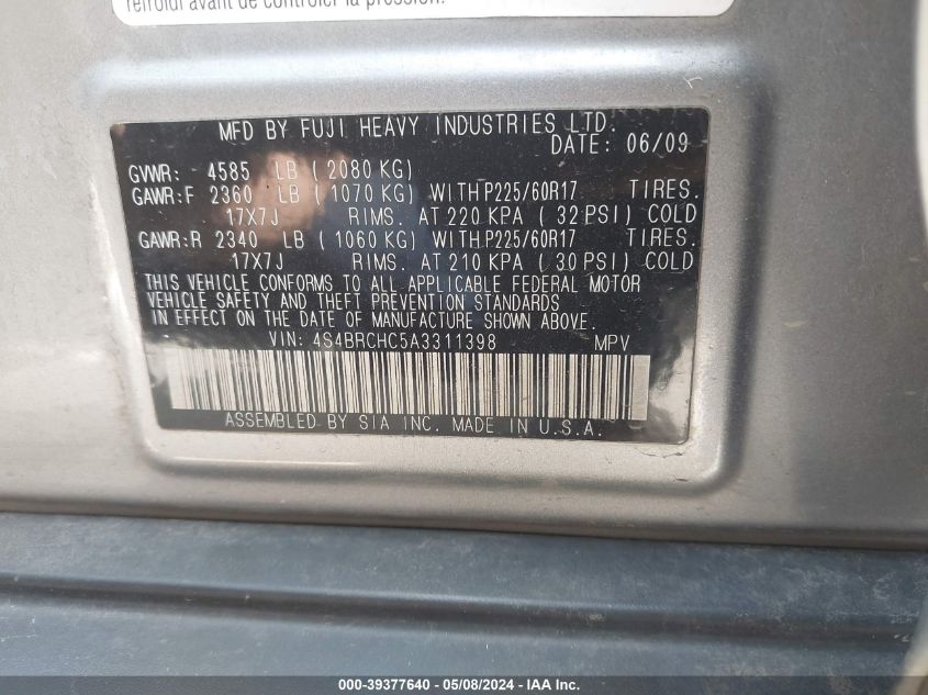 2010 Subaru Outback 2.5I Premium VIN: 4S4BRCHC5A3311398 Lot: 39377640