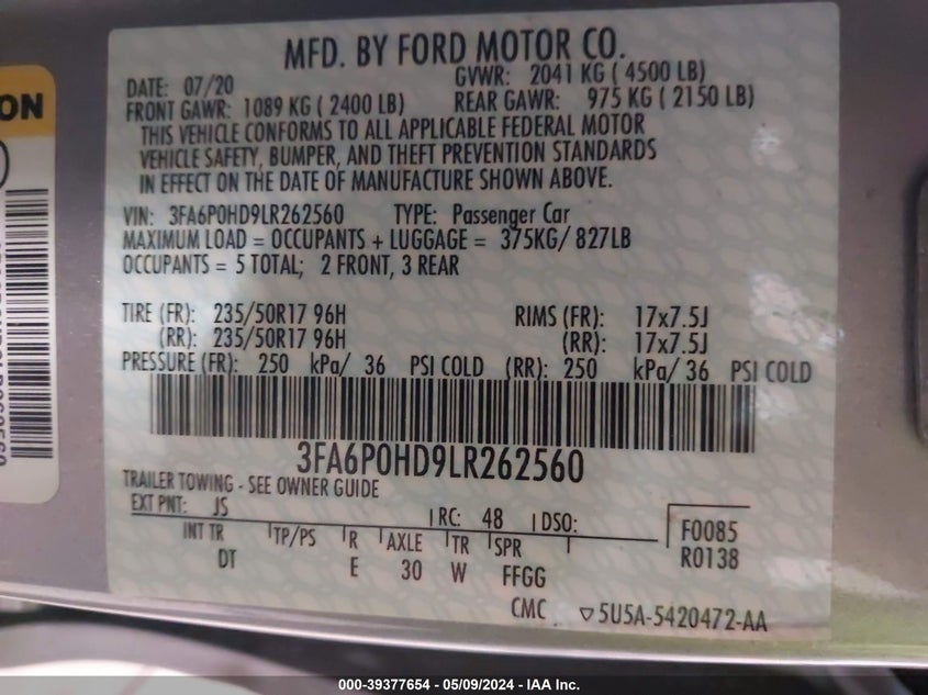 VIN 3FA6P0HD9LR262560 2020 FORD FUSION SE