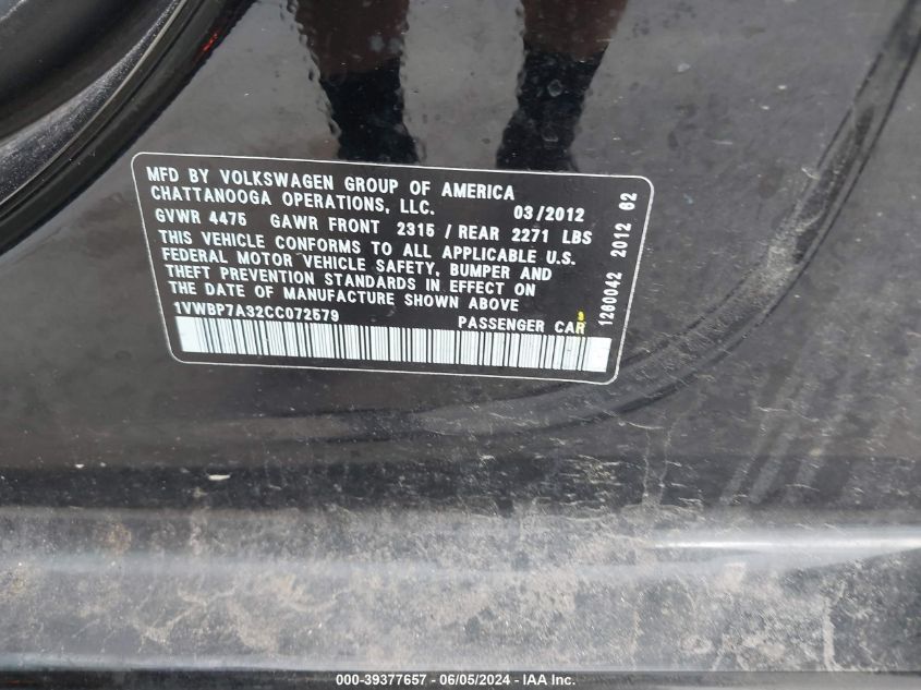 2012 Volkswagen Passat 2.5L Se VIN: 1VWBP7A32CC072579 Lot: 39377657